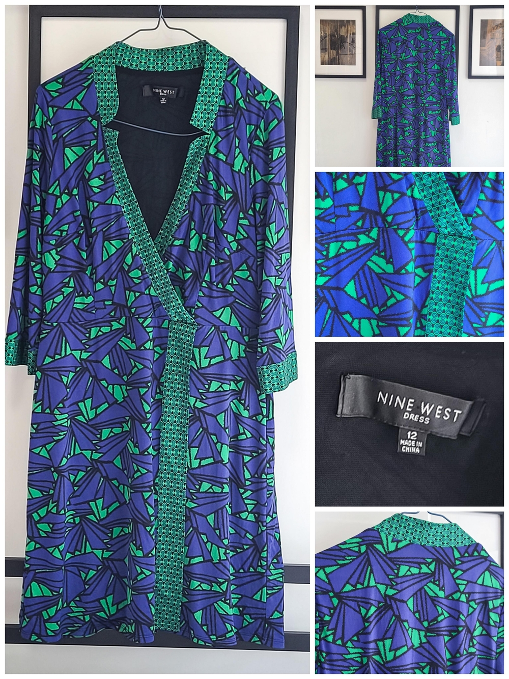 Nine West Blue & Green Geometric Wrap Dress